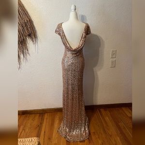 Badgley Mischka Rose Gold Sequin Cowl Back Gown